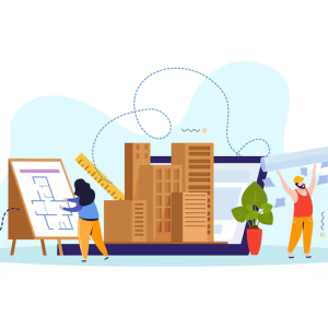 flat-colored-architect-composition-woman-architect-front-her-layout-her-attributes-create-project-present-it-client-vector-illustration_1284-69384